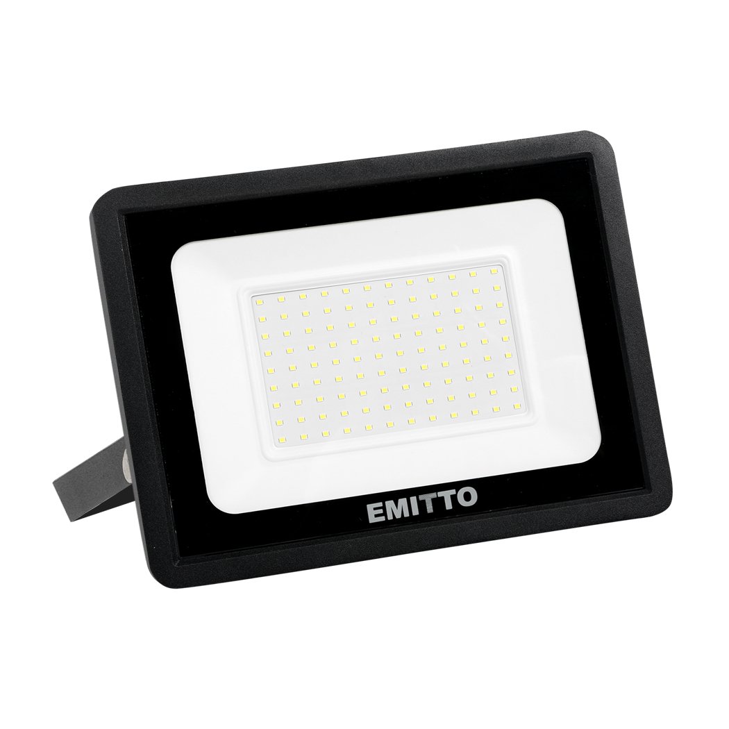 Emitto LED Flood Light 100W with adjustable beam angle and durable aluminum housing, suitable for outdoor use.