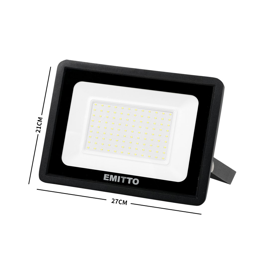 Emitto LED Flood Light 100W with adjustable beam angle and durable aluminum housing, suitable for outdoor use.