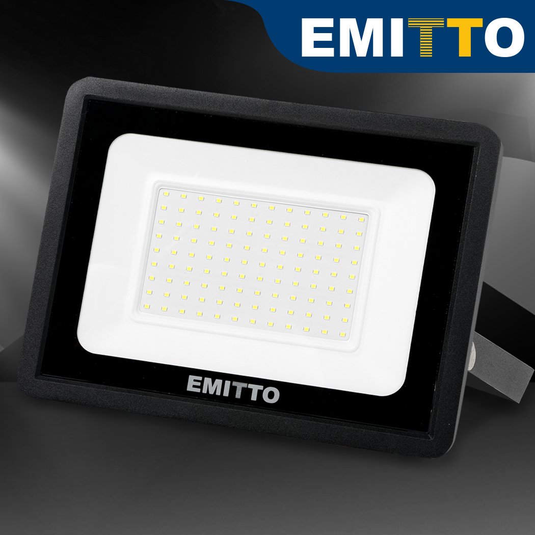 Emitto LED Flood Light 100W with adjustable beam angle and durable aluminum housing, suitable for outdoor use.