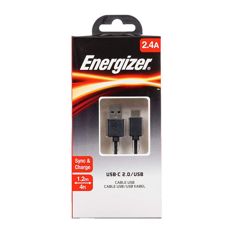 ENERGIZER USB-C to USB-A Cable with black flexible design, ideal for charging and data transfer.