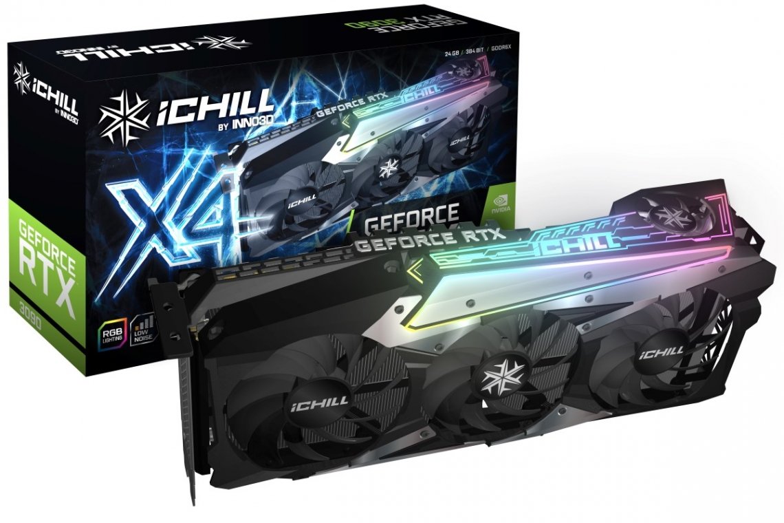 E-ENERGY NVidia GEFORCE RTX 3090 ICHILL X4 graphics card with RGB lighting and multiple cooling fans.