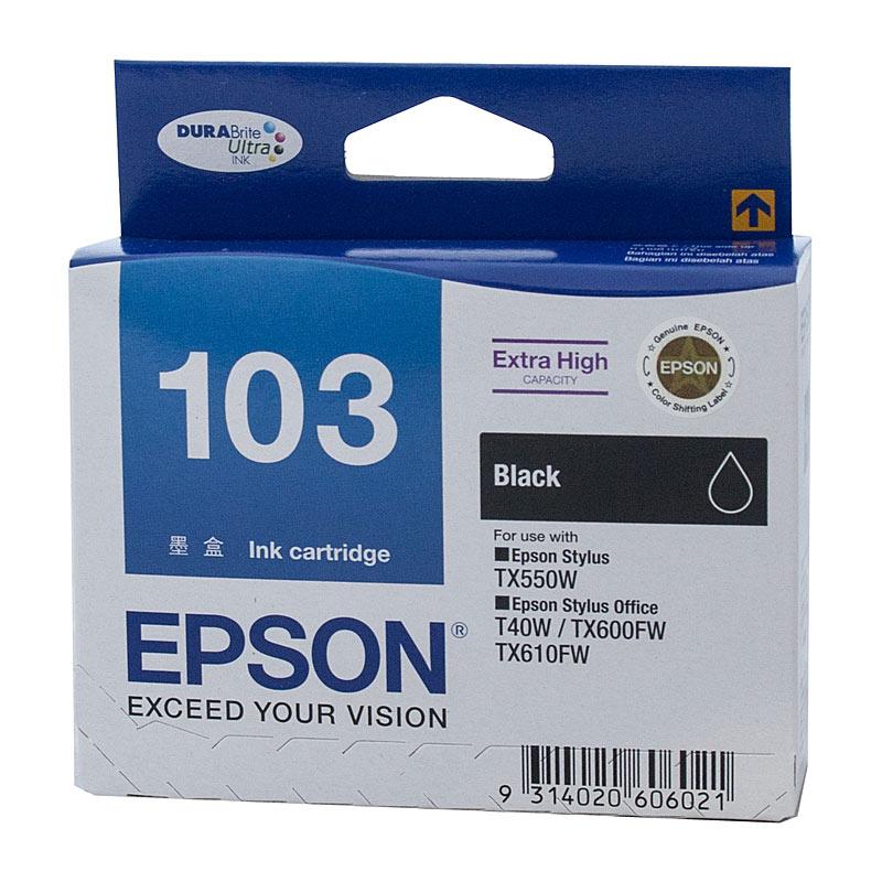 EPSON 103 EHY Black Ink Cartridge with packaging, showcasing its design and features.