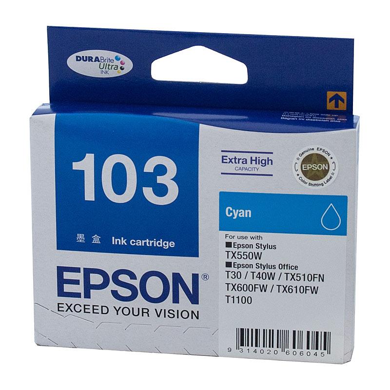 EPSON 103 EHY Cyan Ink Cartridge with vibrant cyan color, designed for high-quality printing.