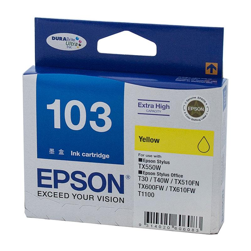 EPSON 103 EHY Yellow Ink Cartridge with packaging, showcasing vibrant yellow color and branding.