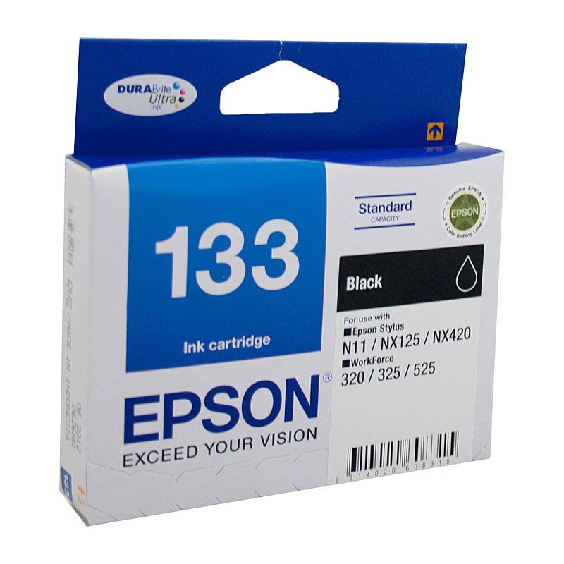 EPSON 133 Black Ink Cartridge with packaging, showcasing its design and branding.