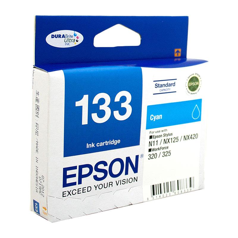 EPSON 133 Cyan Ink Cartridge with vibrant blue color, designed for high-quality printing, compatible with various EPSON printers.