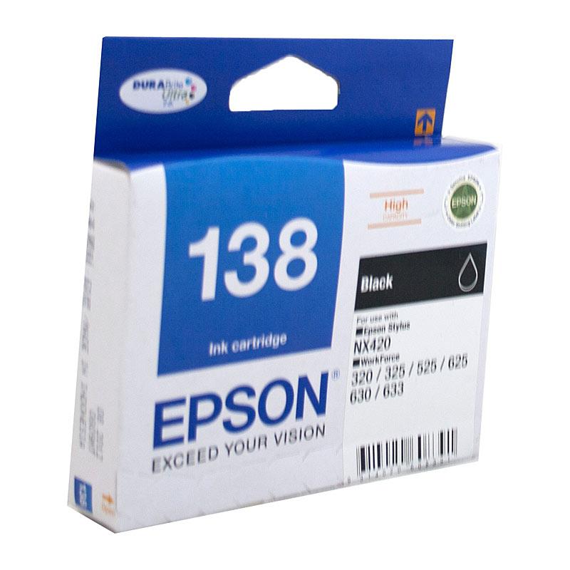 EPSON 138 Black Ink Cartridge with packaging, showcasing its design and features.