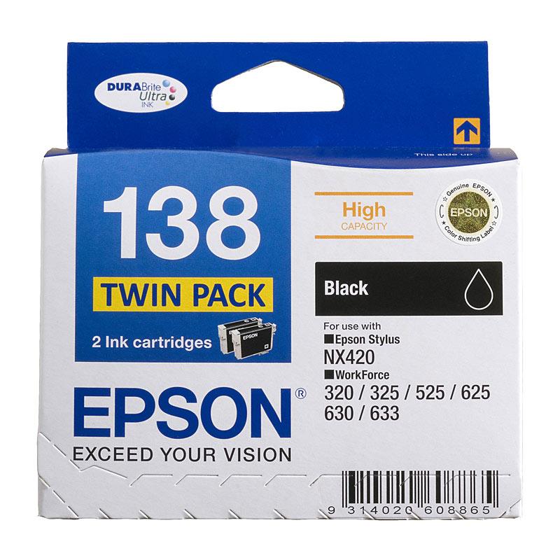 EPSON 138 Black Twin Pack toner cartridges, featuring two black cartridges designed for high-quality printing.