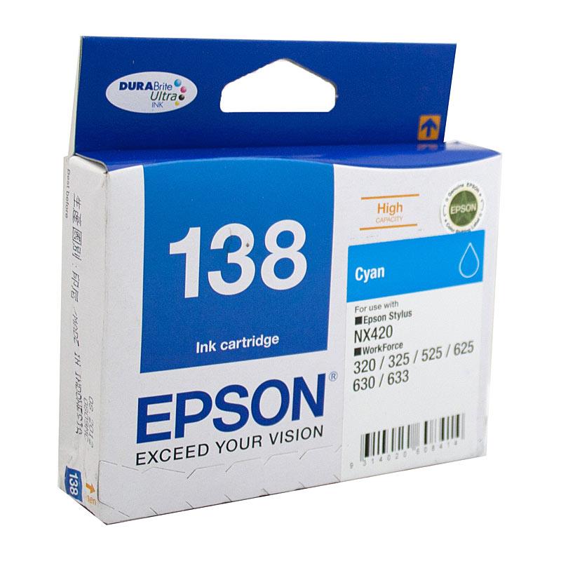 EPSON 138 Cyan Ink Cartridge with vibrant blue color, designed for high-quality printing.