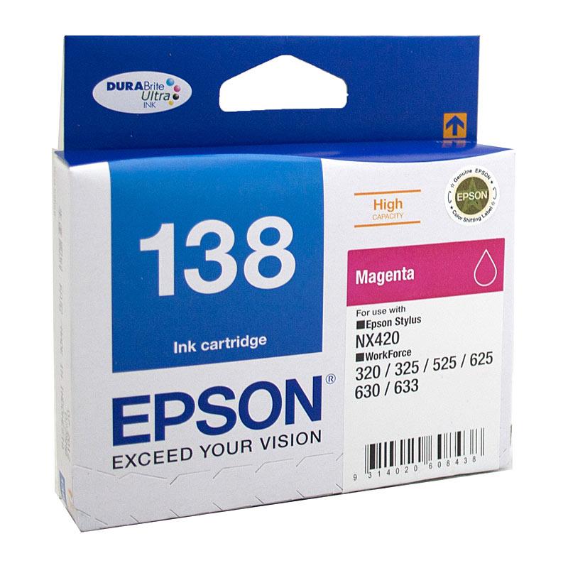 EPSON 138 Magenta Ink Cartridge with vibrant magenta color, designed for high-quality printing.