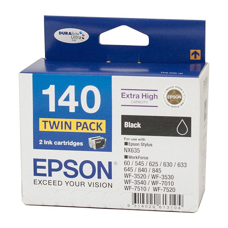 EPSON 140 Black Twin Pack toner cartridges, featuring two black cartridges designed for high-quality printing.