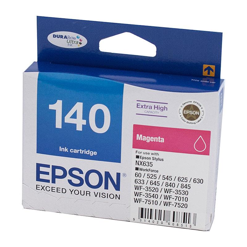 EPSON 140 Magenta Ink Cartridge with vibrant color packaging, designed for high-quality printing.