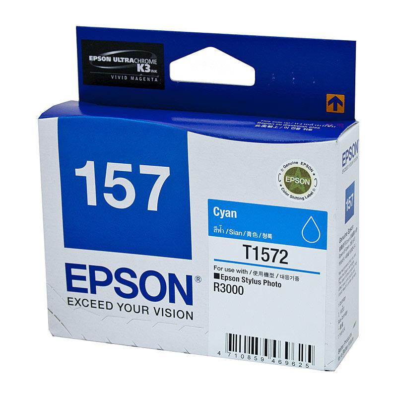 EPSON 1572 Cyan Ink Cartridge with vibrant cyan color, designed for EPSON STYLUS PHOTO R3000 printer.