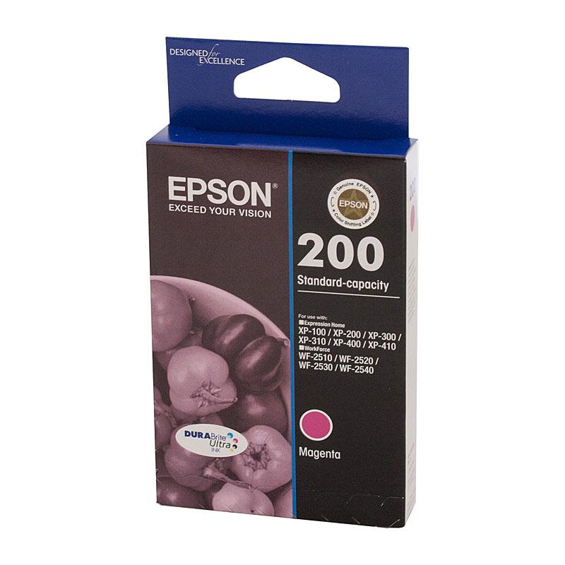 EPSON 200 Magenta Ink Cartridge with vibrant magenta color, designed for high-quality printing.