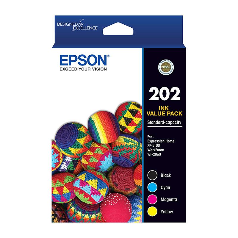 EPSON 202 4 Ink Value Pack featuring four genuine ink cartridges for vibrant printing.