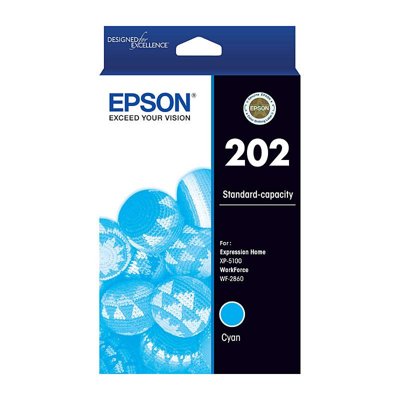 EPSON 202 Cyan Ink Cartridge, a genuine ink cartridge designed for vibrant printing, compatible with EPSON XP 5100 and WF 2860 printers.