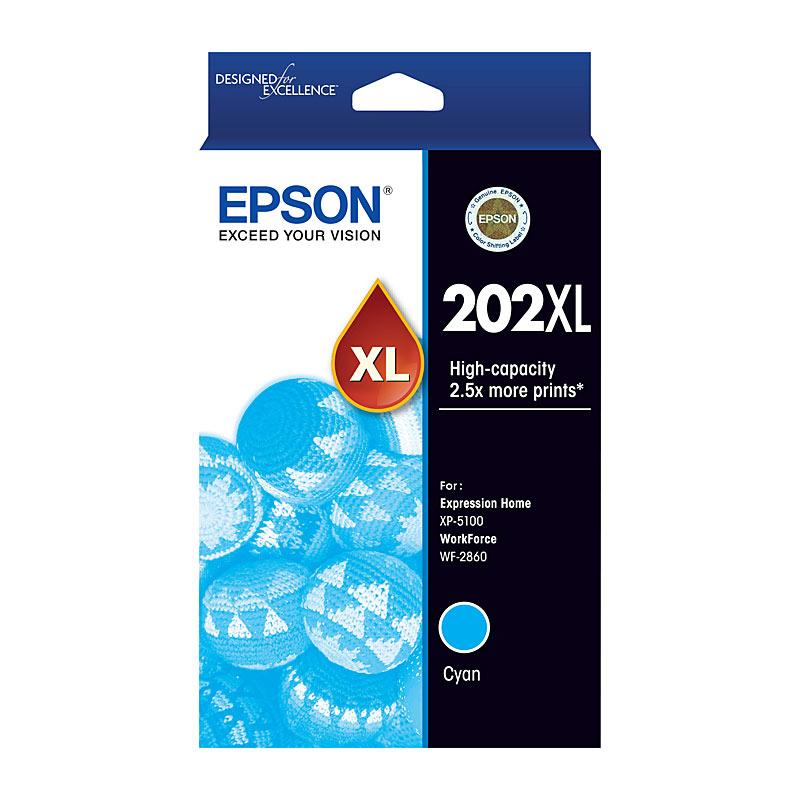 EPSON 202XL Cyan Ink Cartridge showcasing vibrant cyan color and packaging details.