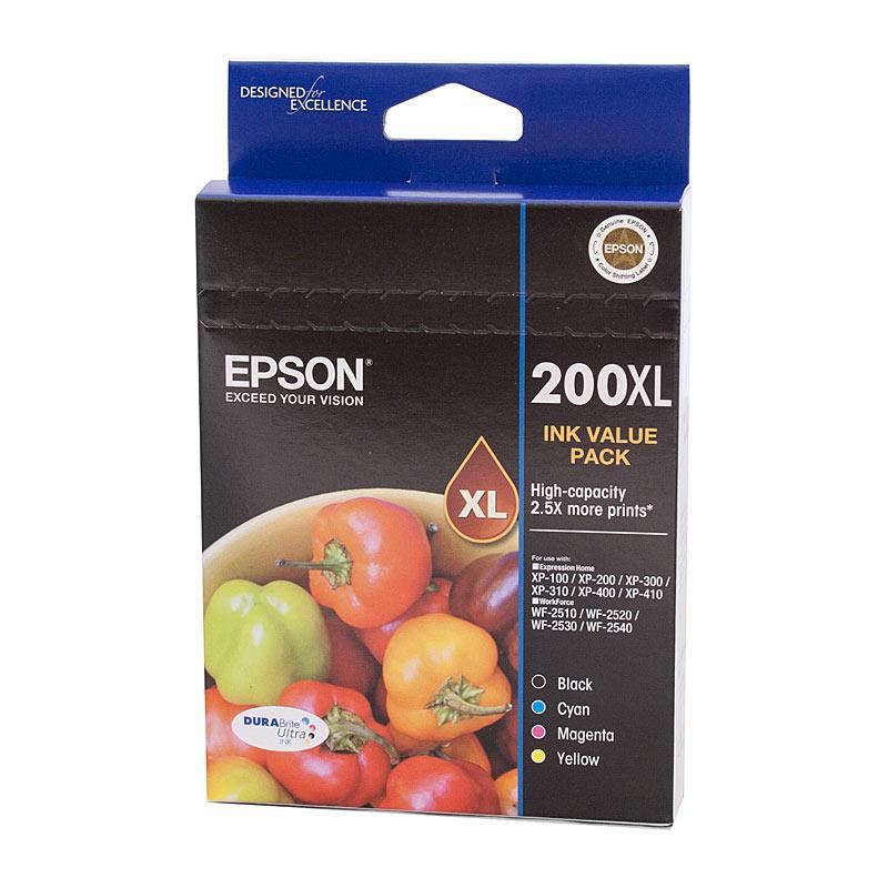 EPSON 200XL 4 Ink Value Pack featuring four ink cartridges in vibrant colors for high-quality printing.