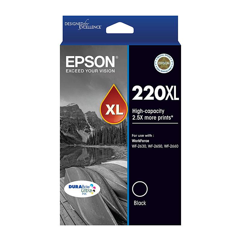 EPSON 220XL Black Ink Cartridge with packaging, showcasing its features and compatibility with various EPSON printers.