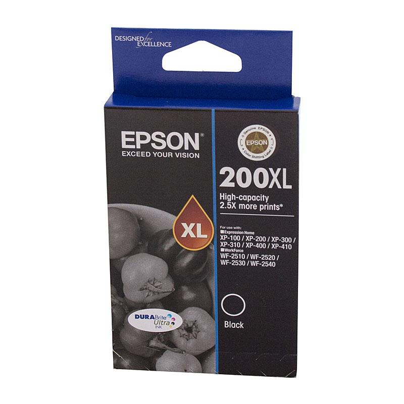 EPSON 200XL Black Ink Cartridge with packaging, showcasing its features and compatibility with various EPSON printers.