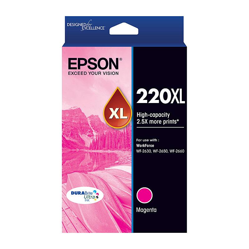 EPSON 220XL Magenta Ink Cartridge with packaging, showcasing vibrant color and branding.