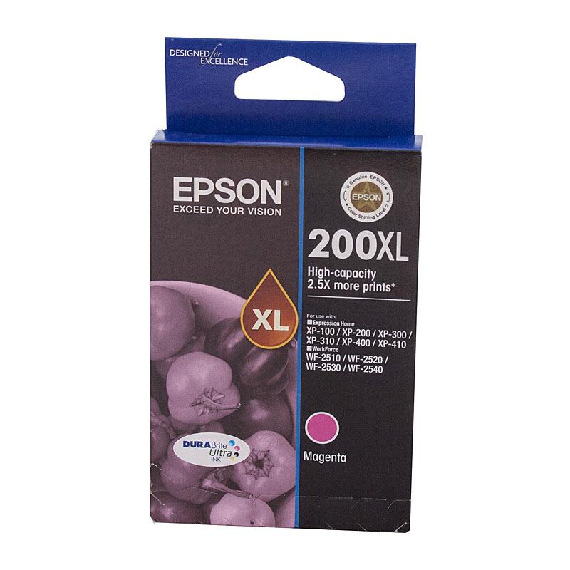 EPSON 200XL Magenta Ink Cartridge with vibrant magenta color, designed for high-quality printing.