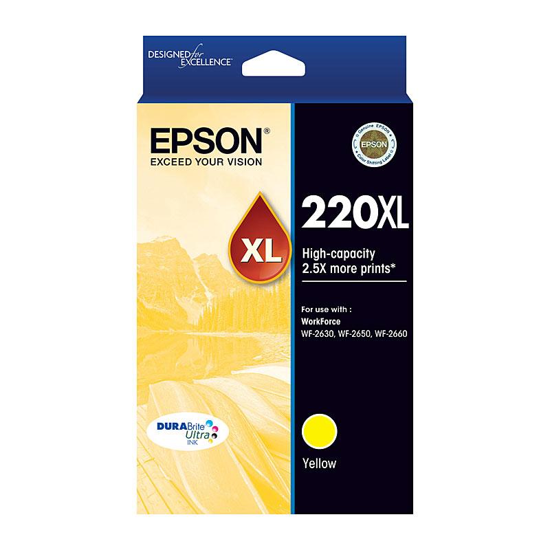 EPSON 220XL Yellow Ink Cartridge with packaging, showcasing vibrant yellow color and branding.