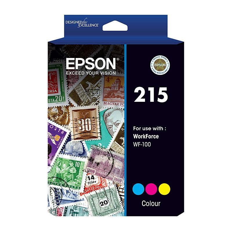 EPSON 215 Colour Ink Cartridge showcasing vibrant colors and sleek design, ideal for Workforce WF100 printer.