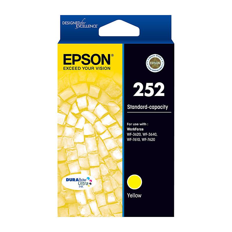 EPSON 252 Yellow Ink Cartridge with packaging, showcasing vibrant yellow color and branding.