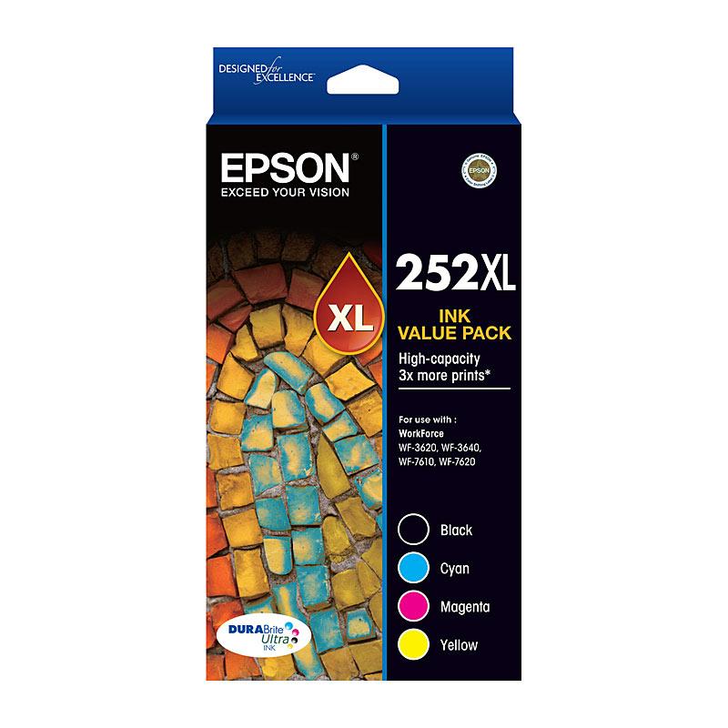 EPSON 252XL 4 Ink Value Pack featuring four ink cartridges in vibrant colors, designed for high-quality printing and compatibility with various EPSON printers.