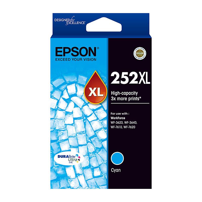 EPSON 252XL Cyan Ink Cartridge with vibrant cyan color, designed for high-quality printing.