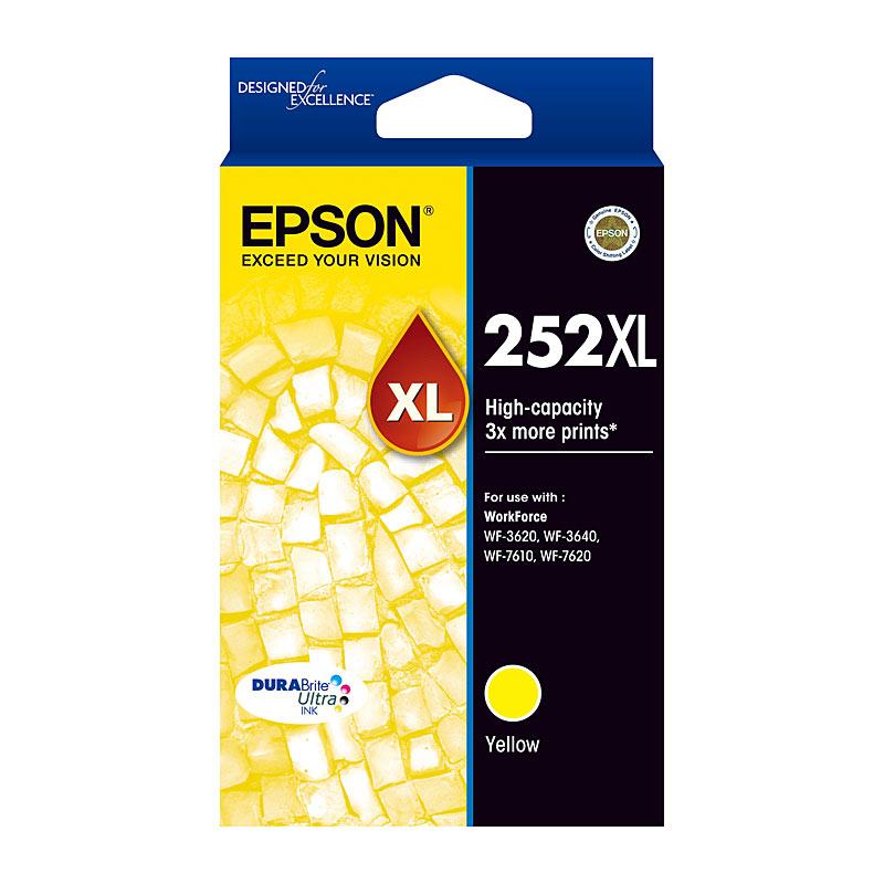 EPSON 252XL Yellow Ink Cartridge with packaging, showcasing vibrant yellow color and branding.