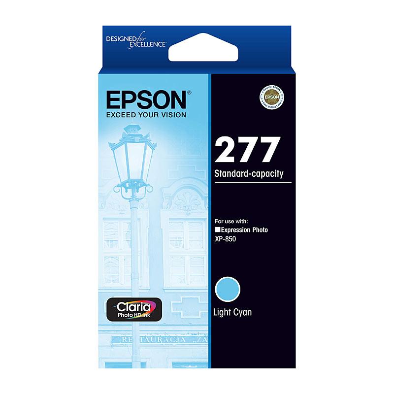 EPSON 277 Light Cyan Ink Cartridge with packaging, showcasing vibrant color and branding.