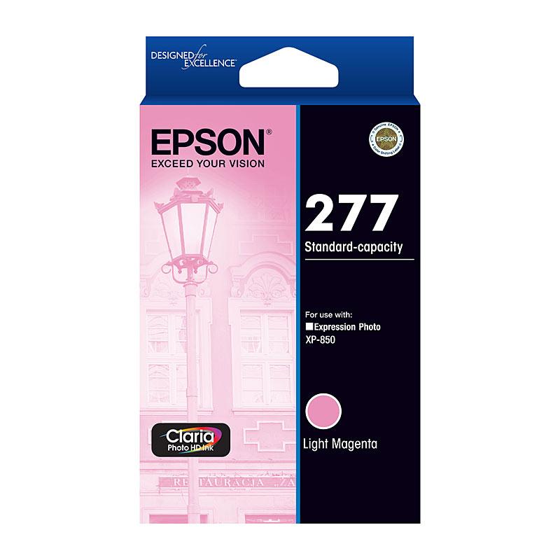 EPSON 277 Light Magenta Ink Cartridge with packaging, showcasing vibrant color and design.