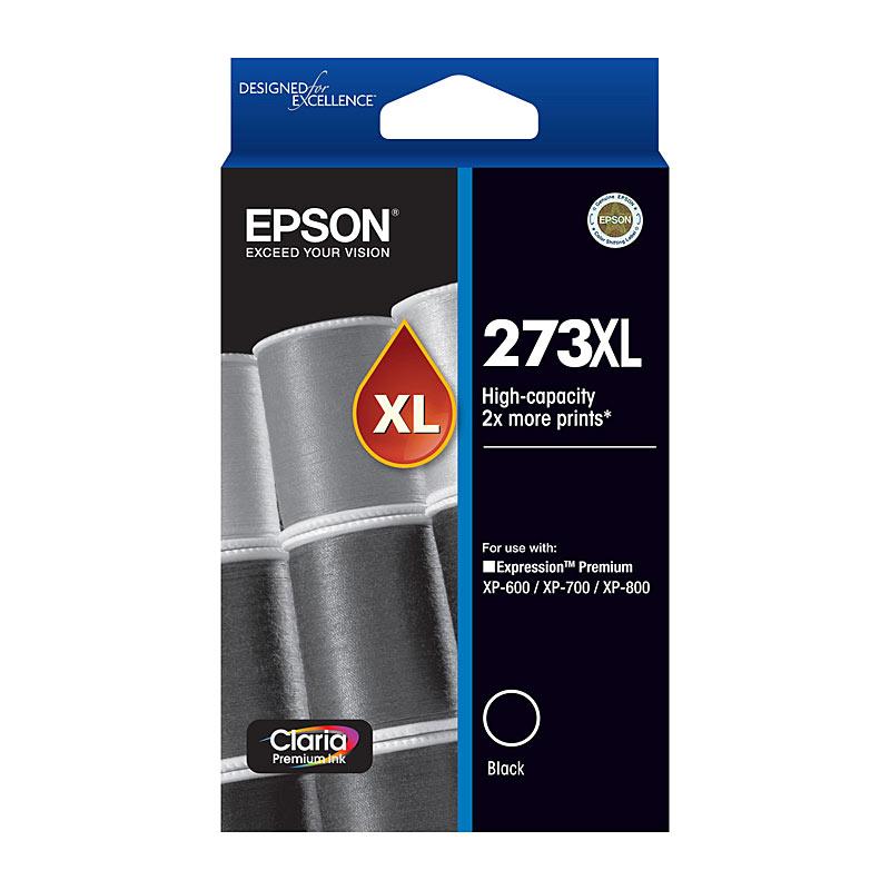 EPSON 273XL Black Ink Cartridge with packaging, showcasing its design and branding.