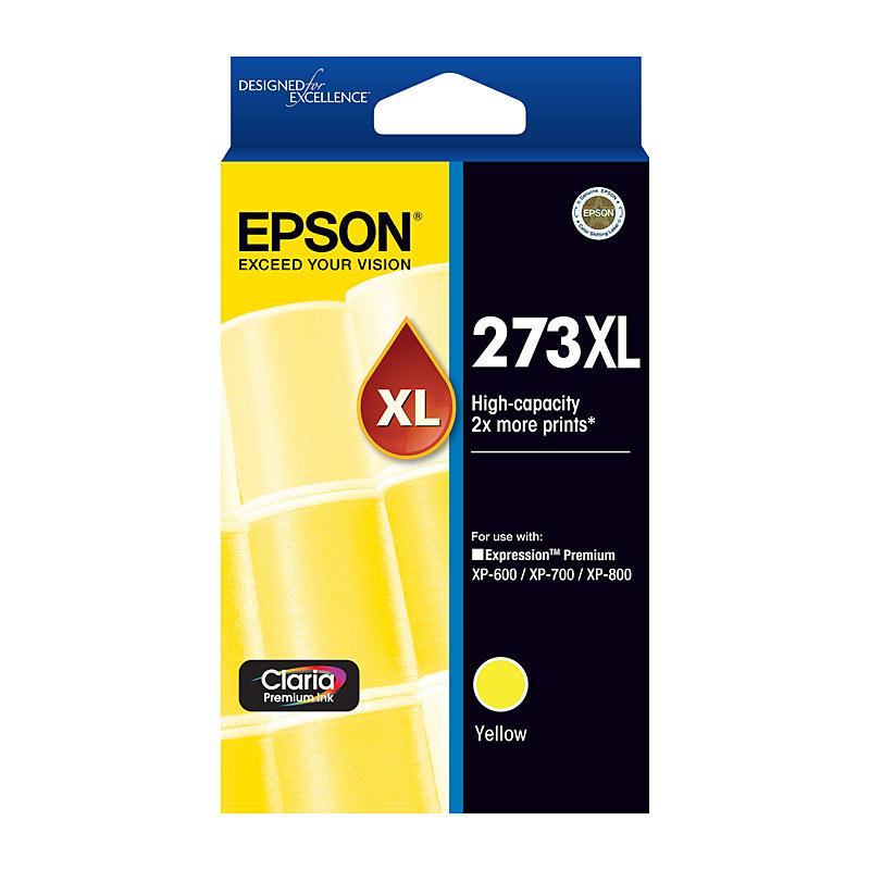 EPSON 273XL Yellow Ink Cartridge with packaging, showcasing vibrant yellow color and branding.