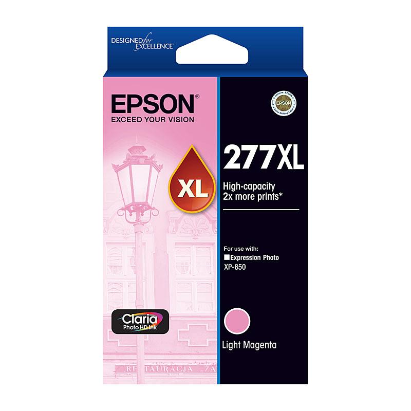 EPSON 277XL Light Magenta Ink Cartridge with packaging, showcasing vibrant color and compatibility details.