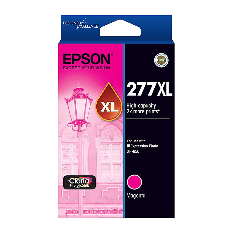 EPSON 277XL Magenta Ink Cartridge with vibrant magenta color, designed for high-quality printing.