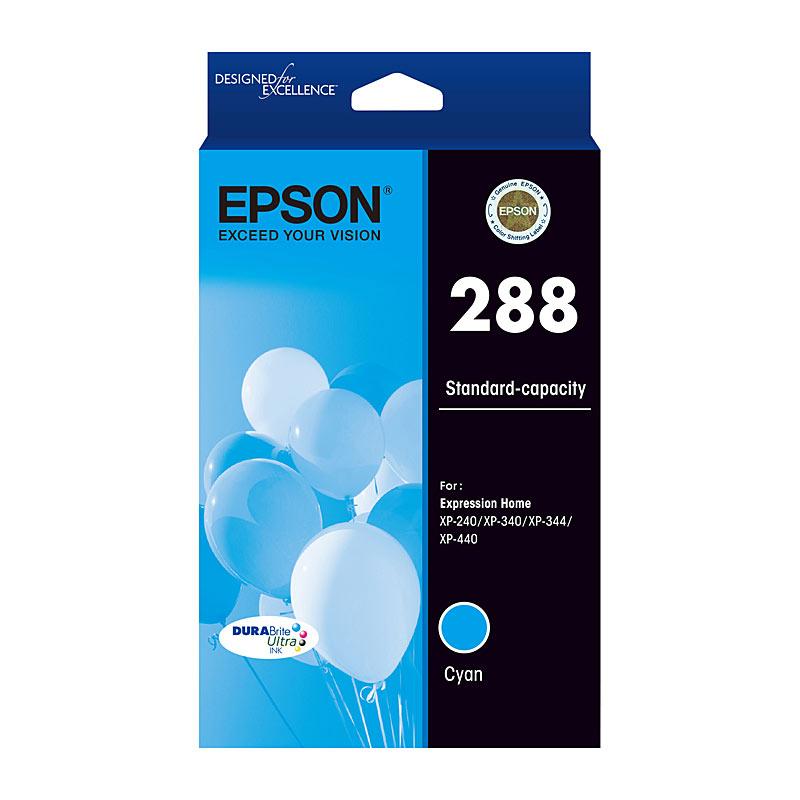 EPSON 288 Cyan Ink Cartridge, vibrant blue color, designed for high-quality printing.