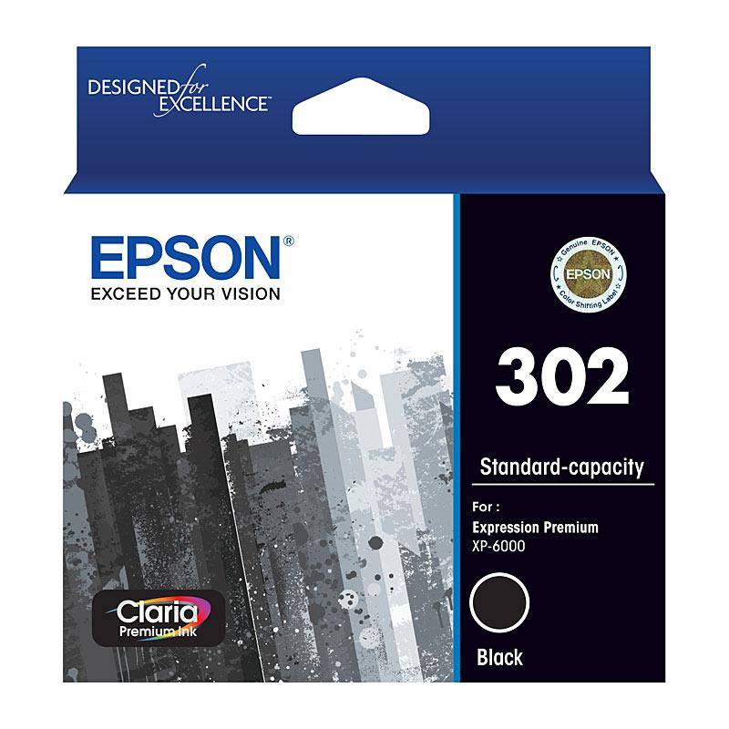 EPSON 302 Black Ink Cartridge showcasing its sleek design and branding, ideal for high-quality printing.