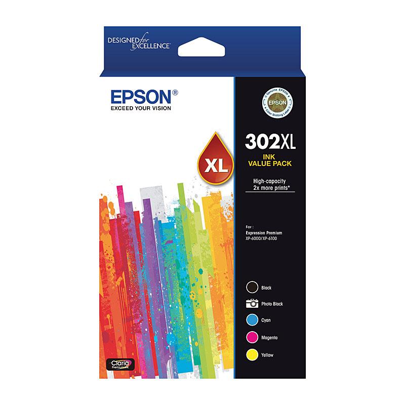 EPSON 302XL 5 Ink Value Pack featuring five ink cartridges in vibrant colors, designed for Epson XP 6000 and XP 6100 printers.