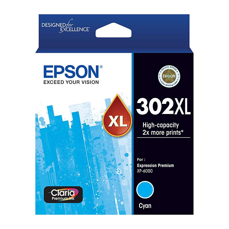 EPSON 302XL Cyan Ink Cartridge with vibrant cyan color, designed for high-quality printing.