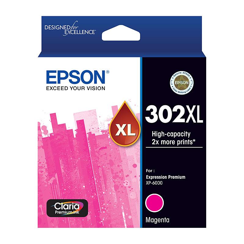 EPSON 302XL Magenta Ink Cartridge with vibrant color packaging, designed for high-quality printing.