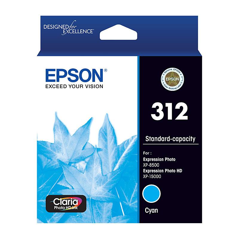 EPSON 312 Cyan Ink Cartridge showcasing vibrant cyan color and packaging details.