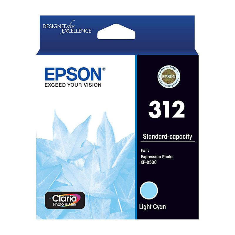 EPSON 312 Light Cyan Ink Cartridge with packaging, showcasing its vibrant color and design.