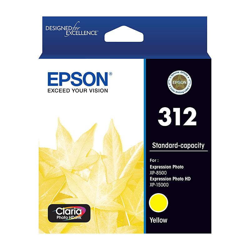 EPSON 312 Yellow Ink Cartridge showcasing vibrant yellow color and packaging details.