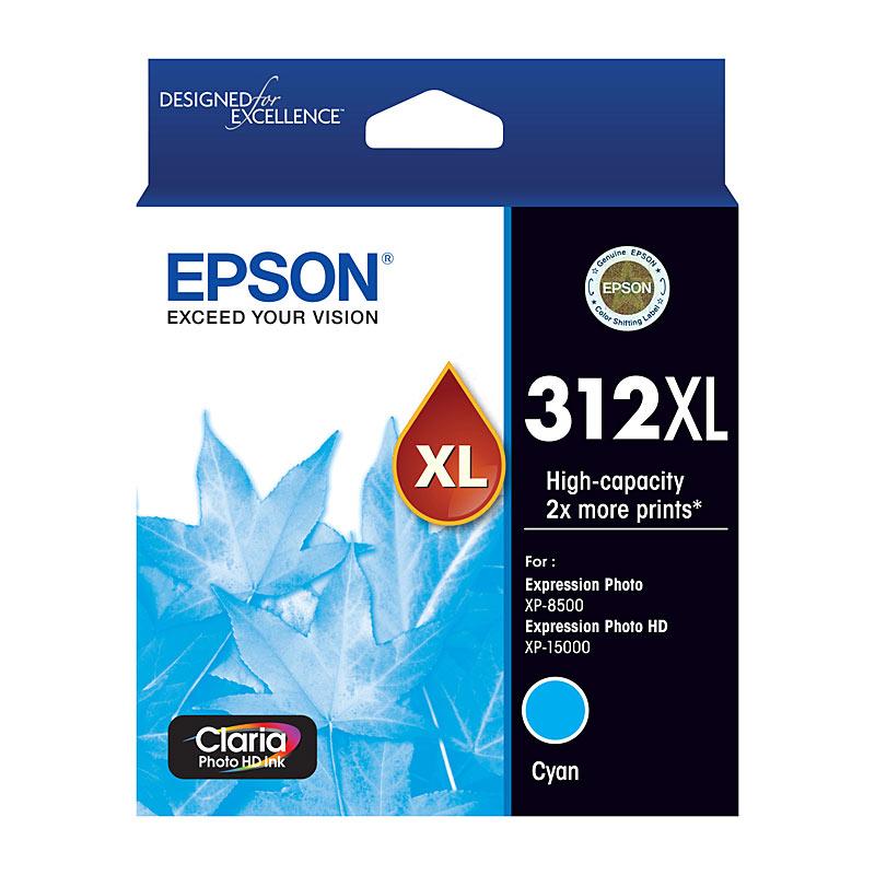 EPSON 312XL Cyan Ink Cartridge showcasing vibrant cyan color and packaging details.