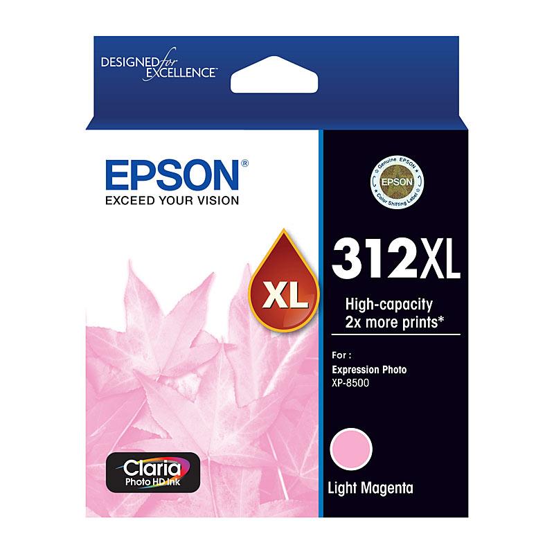 EPSON 312XL Light Magenta Ink Cartridge with vibrant color packaging, designed for high-quality printing.