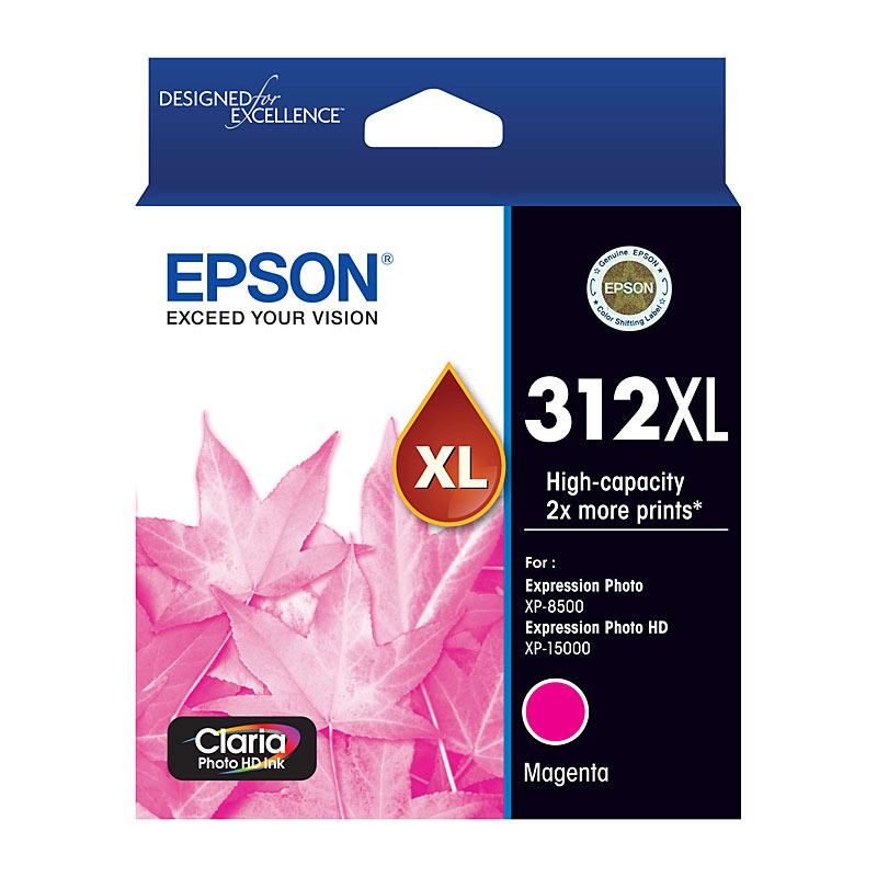 EPSON 312XL Magenta Ink Cartridge with vibrant color packaging, designed for high-quality printing.