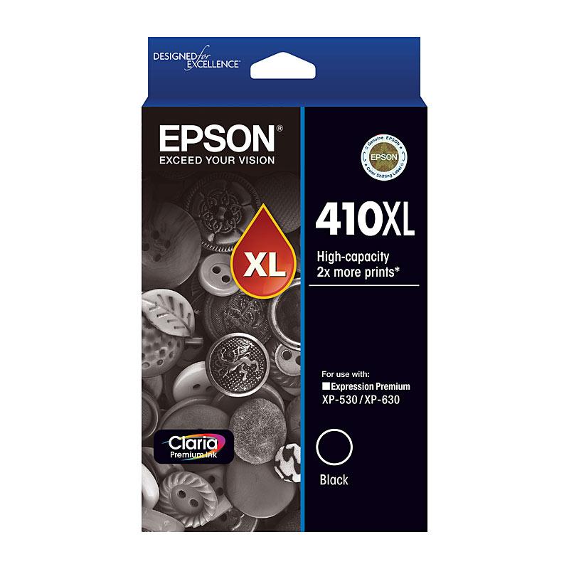 EPSON 410XL Black Ink Cartridge with packaging, showcasing its design and compatibility with various EPSON printers.